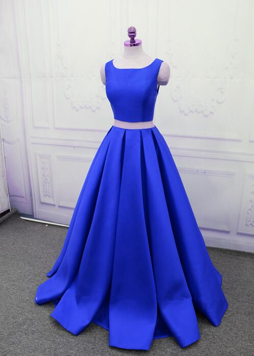 Two Pieces Royal Blue Satin Long Prom Dress, Elegant Long Prom Gowns , Simple 2 Pieces Wedding Party Gowns
