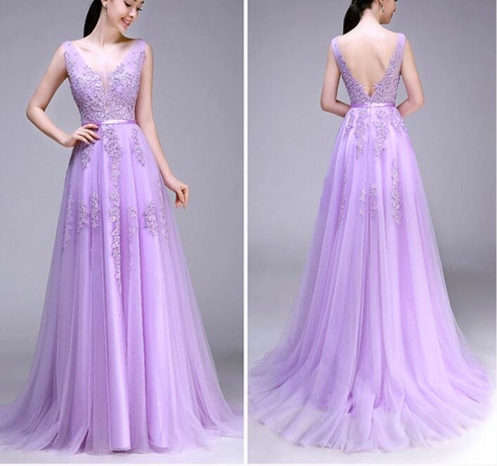 Sexy Lavender Tulle Prom Dress, Lace Prom Dresses, Sexy Backless Women Party Dress, Formal Evening Dresses