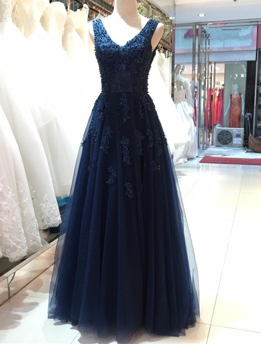 Sexy Navy Blue Beaded Tulle Long Prom Dress A Line Women Prom Gowns Floor Length Women Party Gowns 2019