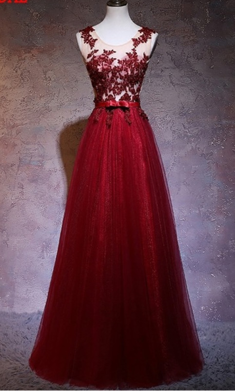 Formal Evening Dress Burgundy Tulle Long Prom Dress A Line Women Formal Gowns 