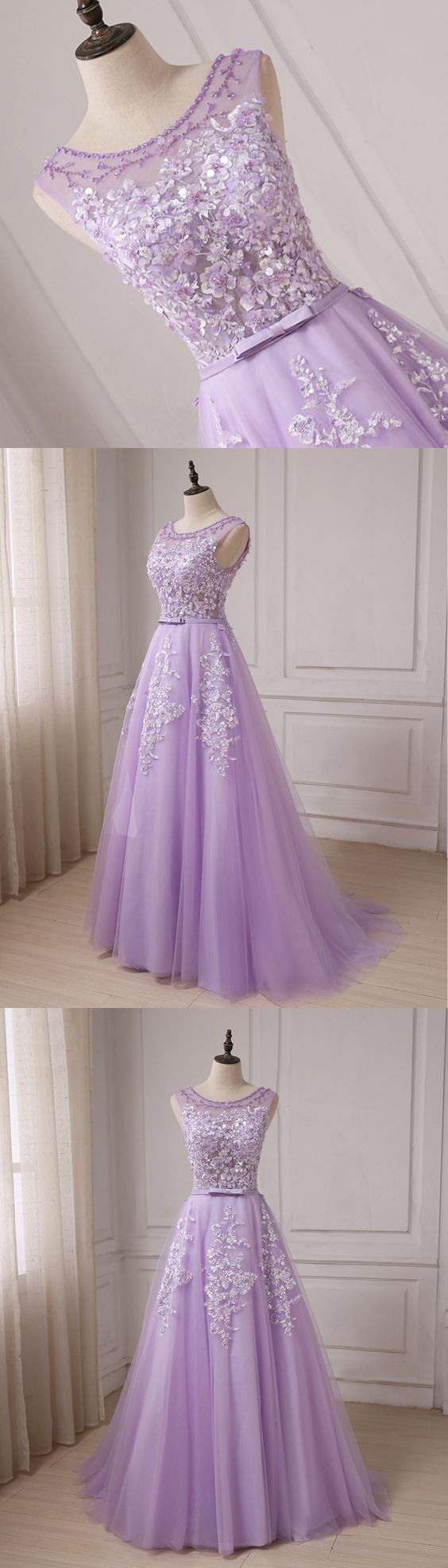 A Line Sexy Lavender Tulle Lace Evening Dress 2019 Custom Made Long Prom Party Gowns , Women Party Dress