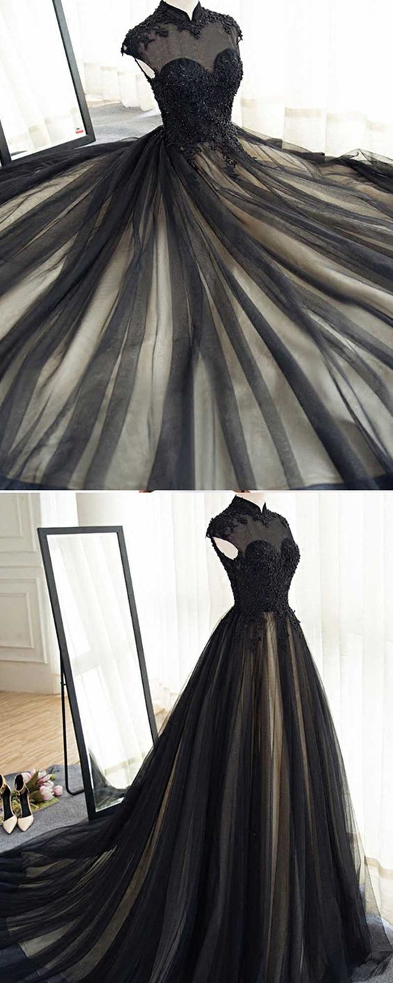Fashion High Neck Black Tulle Lace Prom Dress A Line Prom Party Gowns Custom Made Evening Dress For Weddings