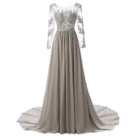 A Line Gray Chiffon Lace Prom Dress With Long Sleeve 2019 Elegant Plus Size Formal Evening Dress Custom Made Party Dresses