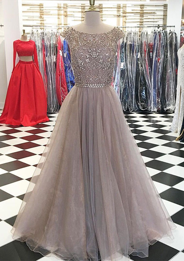 Luxury Beaded Scoop Neck Long Prom Dress 2019 Custom Made Formal Evening Party Gowns A Line Prom Gowns