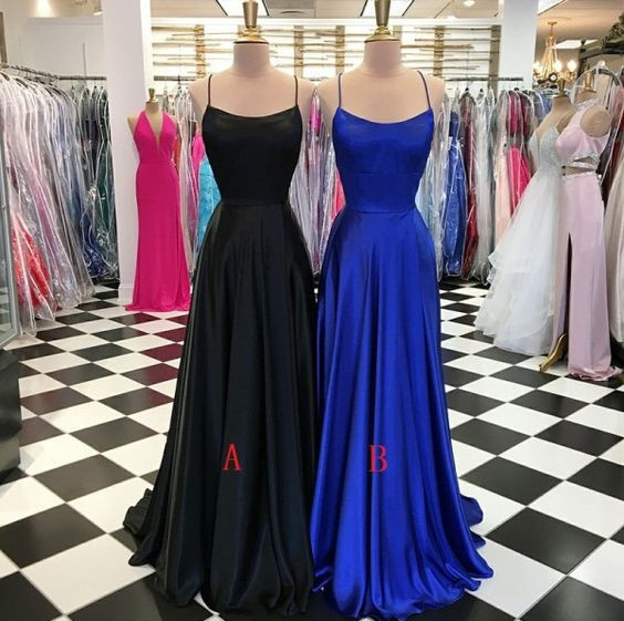 Spaghetti Strap A Line Royal Blue Satin Long Prom Dress ,Custom Made Formal Evening Dress, Prom Gowns Black 