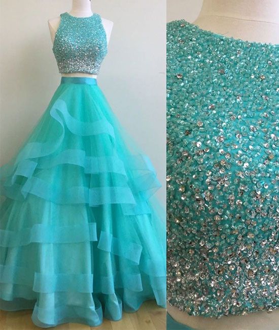 Luxury Green Beaded Two Pieces Long Prom Dress 2019 Strapless Women Party Gowns A Line Girls Pageant Dress