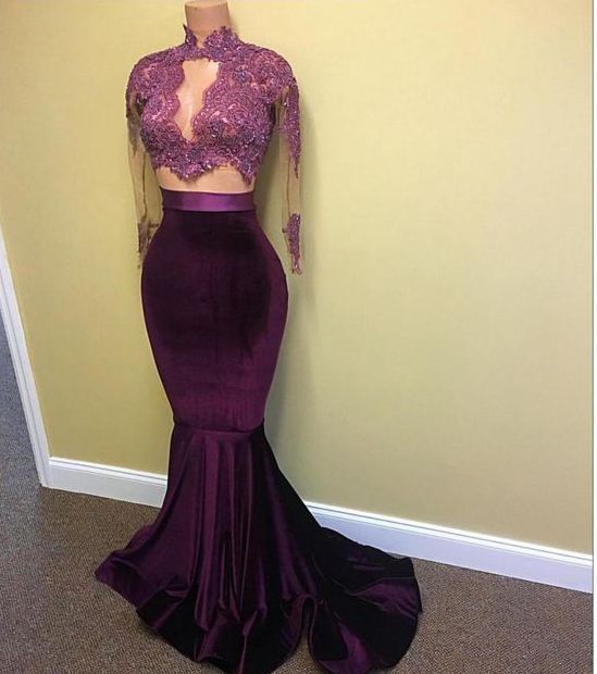 Two Pieces High Neck Purple Long Prom Dress With Long Sleeve , Mermaid Prom Dress, Arabic Prom Party Gowns .