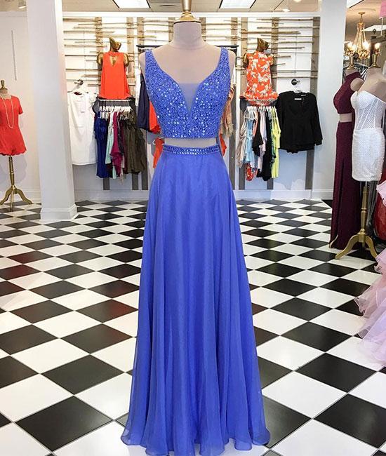 Two Pieces Blue Beaded Long Prom Dress A Line Wedding Party Gowns Custom Made Prom Gowns