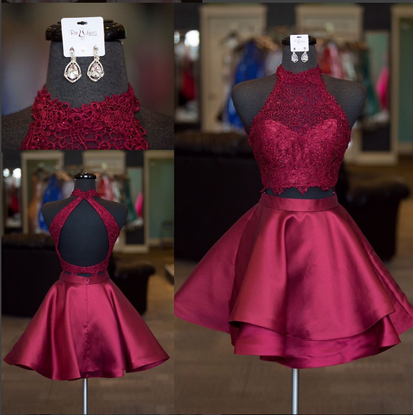 Fashion Burgundy Lace Two Pieces Short Homecoming Dress A Line Prom Party Gowns Custom Made Cocktail Party Dresses