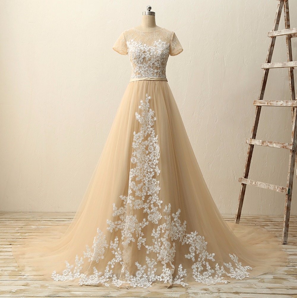 Champagne Tulle Long Prom Dress With Short Sleeve White Lace Women Party Gowns Custom Made Quinceanera Dress 2019