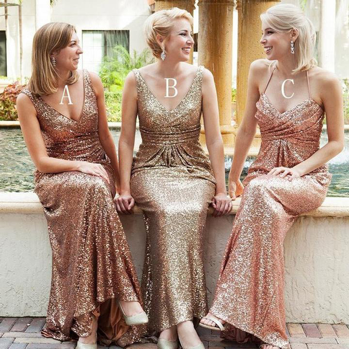 Sparkly Rose Gold Sequin Long Bridesmaid Dress For Women A B C Style V Neck Maid Of Honor Gowns