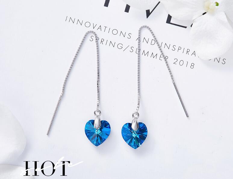 Crystal For Swarovski Earrings Blue For Women Heart Drop S925 Silver Jewelry , Beauty Earrings , Women Earrings