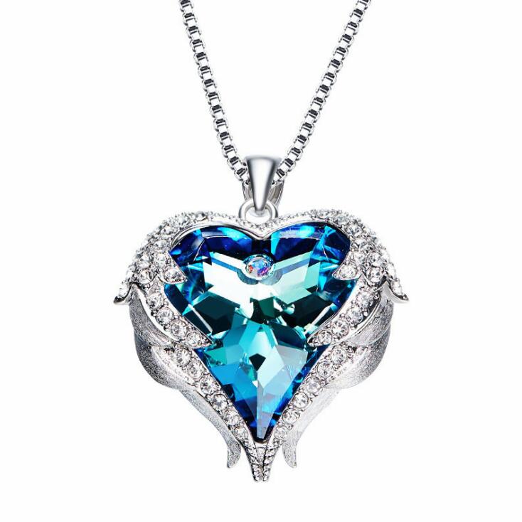 Crystals From Swarovski Necklaces Fashion Jewelry For Women Pendant 2018 Rhinestone Heart Of Angel Christmas Gifts,beauty Blue Necklace