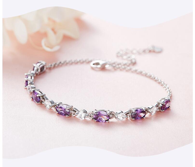 Women S925 Sterling Silver Bracelet Luxury violet Paved Option Link Chain Purple Bijoux Fashion Jewelry 2019