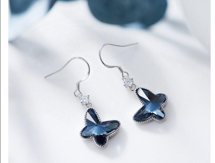 Crystal For Swarovski Earrings Blue Butterflies For Women Heart Drop S925 Silver Jewelry , Beauty Earrings , Women Earrings