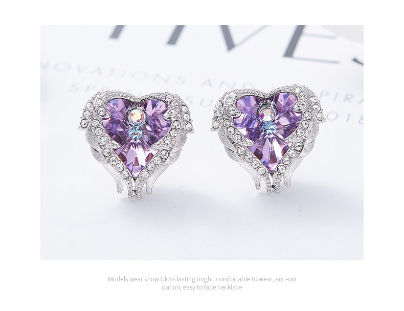 Crystals From Swarovski S925 Sterling Silver Jewelry Stud Earrings Women Earring Heart Austrian Rhinestone Elegant Fashion Purple Earrings