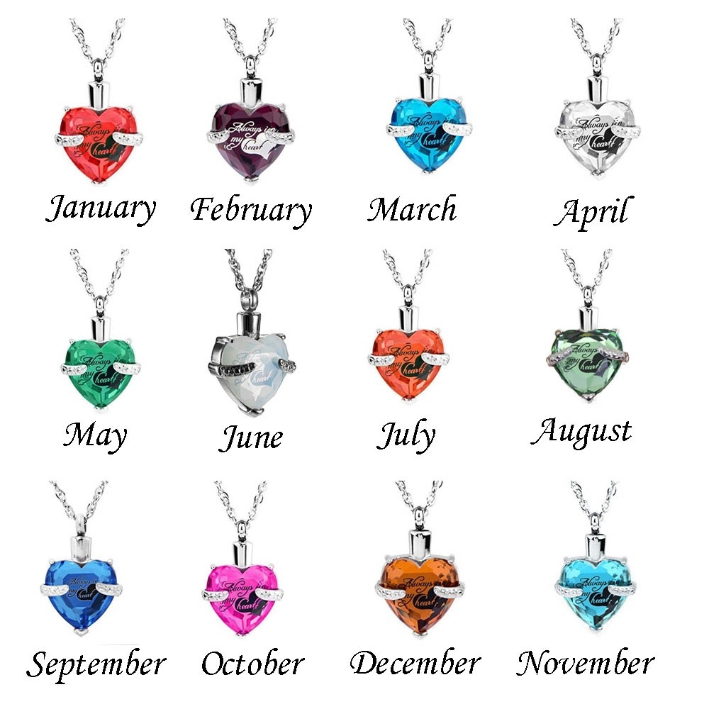 Custom Each Month Heart Birthstone Always In My Heart Ashes Urn Cremation Keepsake Pendant Necklace Fashion Jewelry