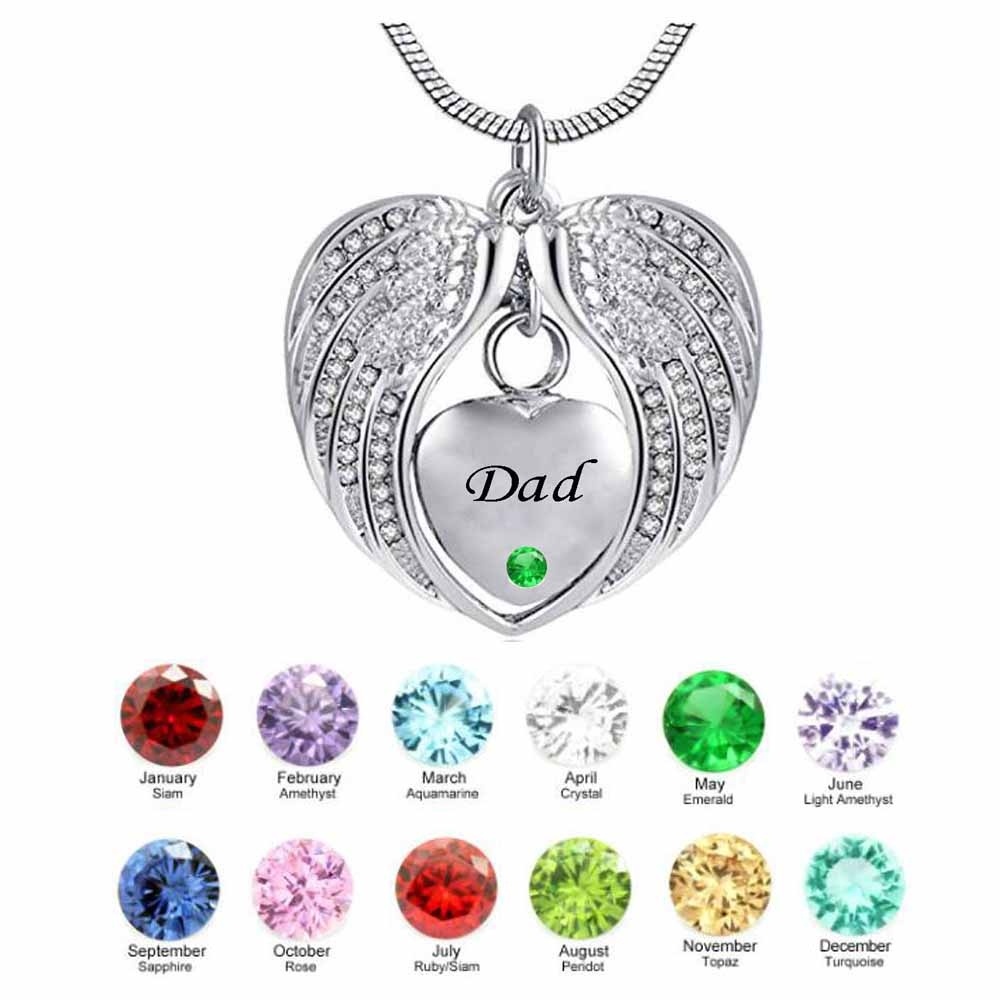 Dad Angel Wing Birthstone Cremation Urn Crystal Necklace Heart Memorial Pendant Stainless Steel Jewelry
