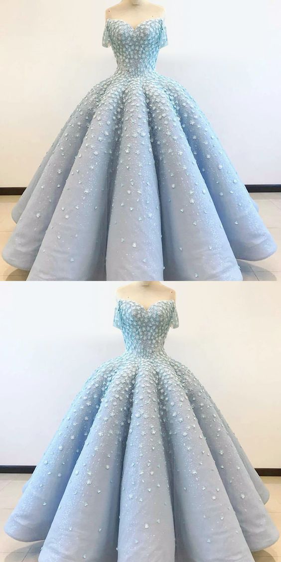 Elegant Light Blue Satin Ball Gown Prom Dress With Flowers, Sexy Sweet 16 Prom Gowns , Sexy Pricess Quinceanera Dress, Ball Gown Quinceanera