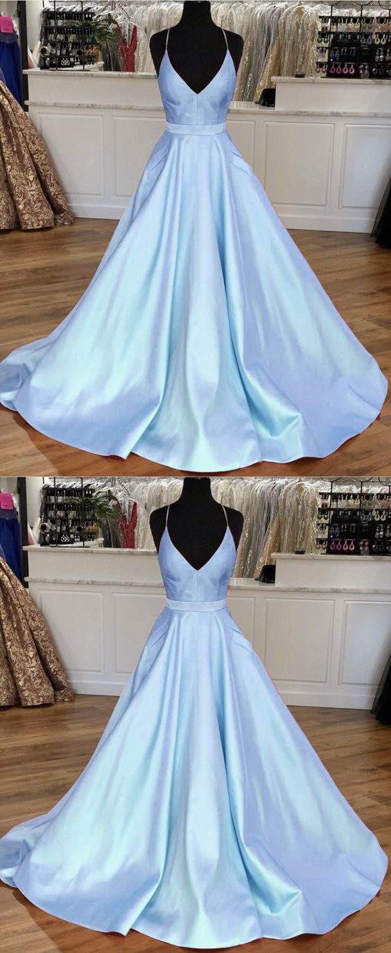 V-neck Light Blue Satin Long Prom Dress, Custom Made Long Prom Gowns , Women Party Gowns
