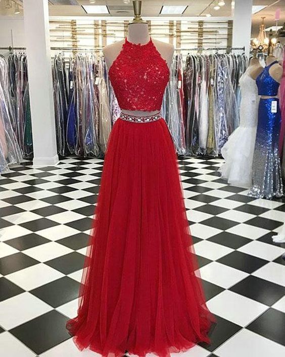 Two Pieces Red Lace Tulle A Line Prom Dress 2019 Custom Made Tulle Prom Party Gowns , Formal Evening Dress .