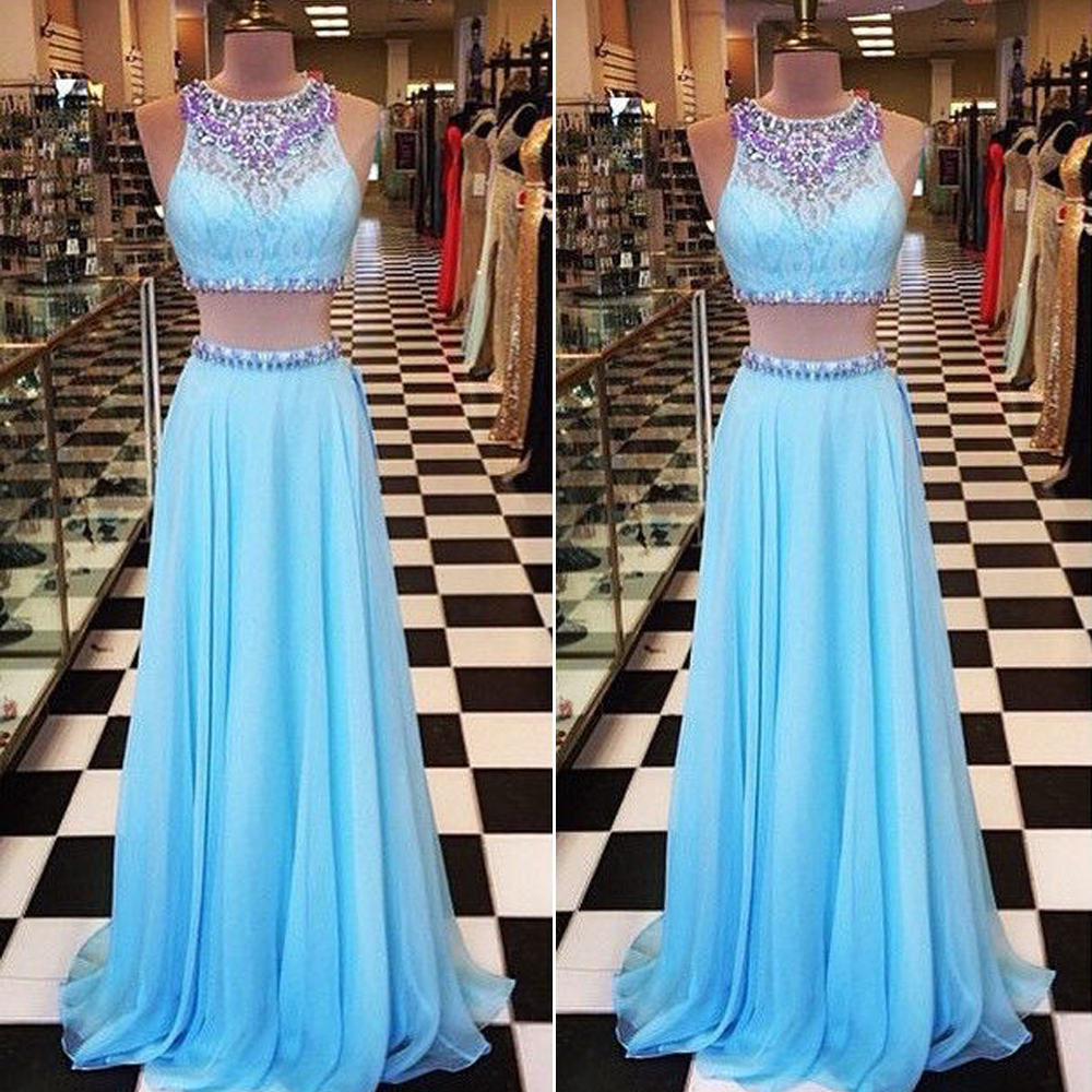 Two Pieces Long Prom Dress, Sexy Beaded Light Blue Chiffon Prom Dresses, Women Party Gowns ,formal Evening Dress, Custom Made Long Prom Gowns