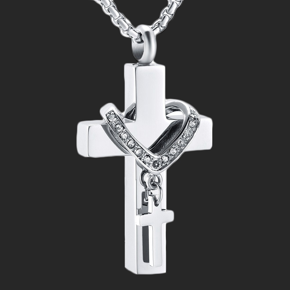 Crystal Collar Cross Cremation Necklace Stainless Steel Keepsake Jewelry Memorial Funeral Ashes Urn Pendant With Funnel And Chain