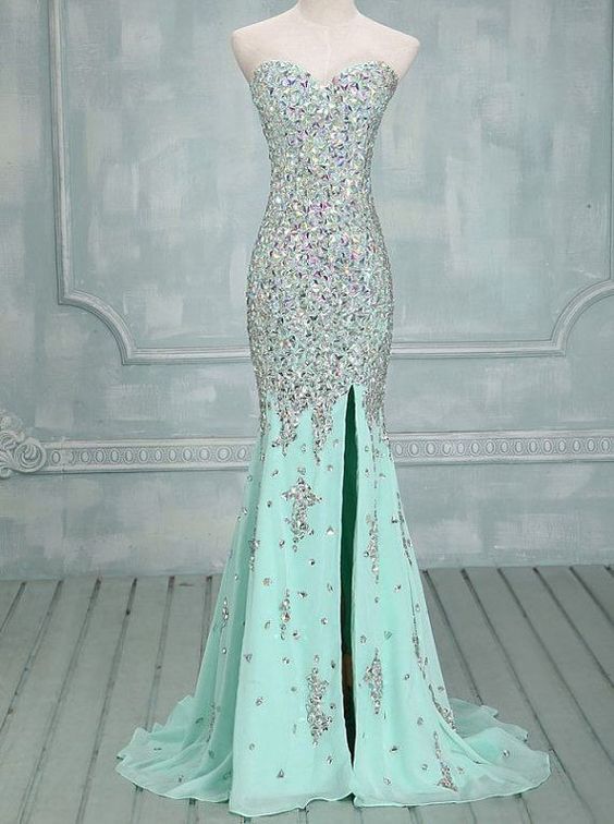 Luxury Light Green Chiffon Sweet Mermaid Prom Dress With Beadeding , Mermaid Evening Dress With Crystal , Long Party Gowns 2019