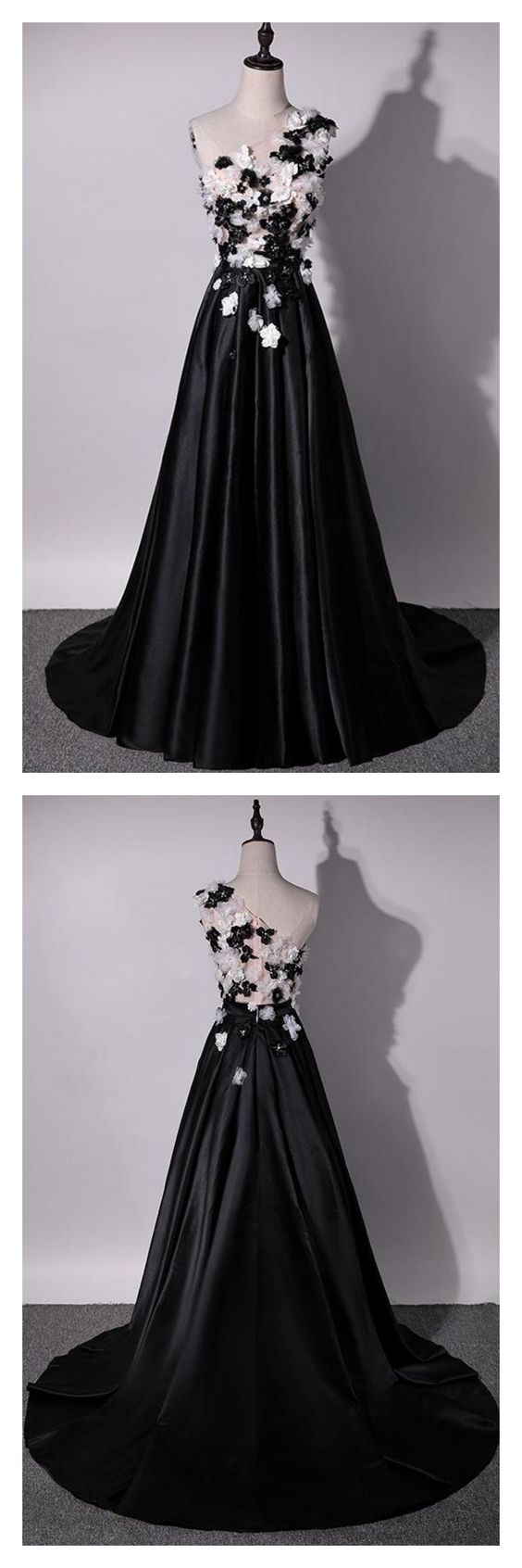 Black Satin Long Prom Dress, One Shoulder Prom Dress With Flowers , Long Evening Dress, Sexy A Line Women Party Gowns