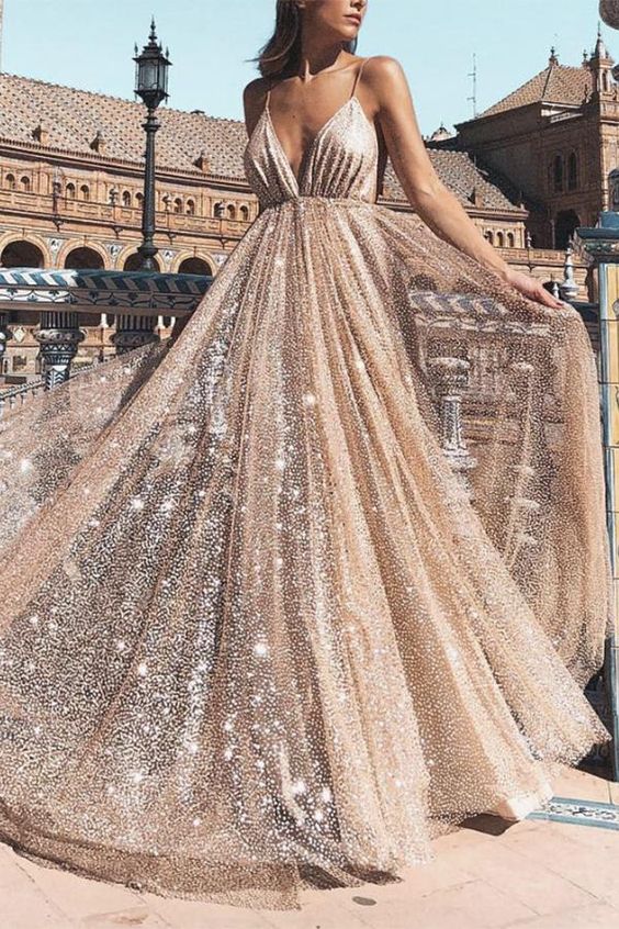 Sequin Prom Dress Champagne Strap