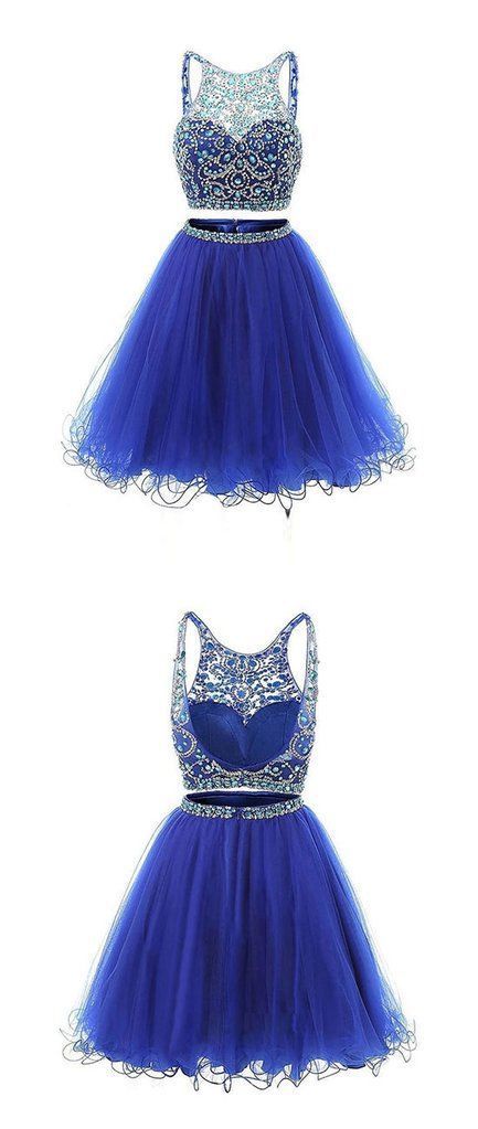 Fashion Two Pieces Royal Blue Crystal Beaded Short Prom Dress, Custom Made 2 Pieces Short Prom Gowns,two Pieces Tulle Mini Cocktail Dress
