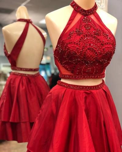 2018 Red High Neck Beaded Homecoming Dress, Above Length Short Prom Dress, Girls Party Dress , Short Cocktail Gowns