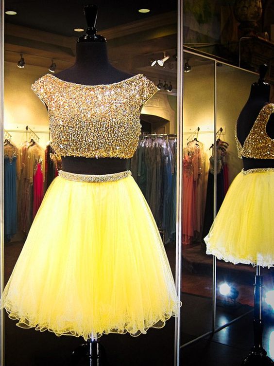 Luxury Beaded Crystal Two Pieces Short Prom Dress Ball Gowns Yellow Tulle Homecoming Party Gowns Custom Made Short Party Gowns