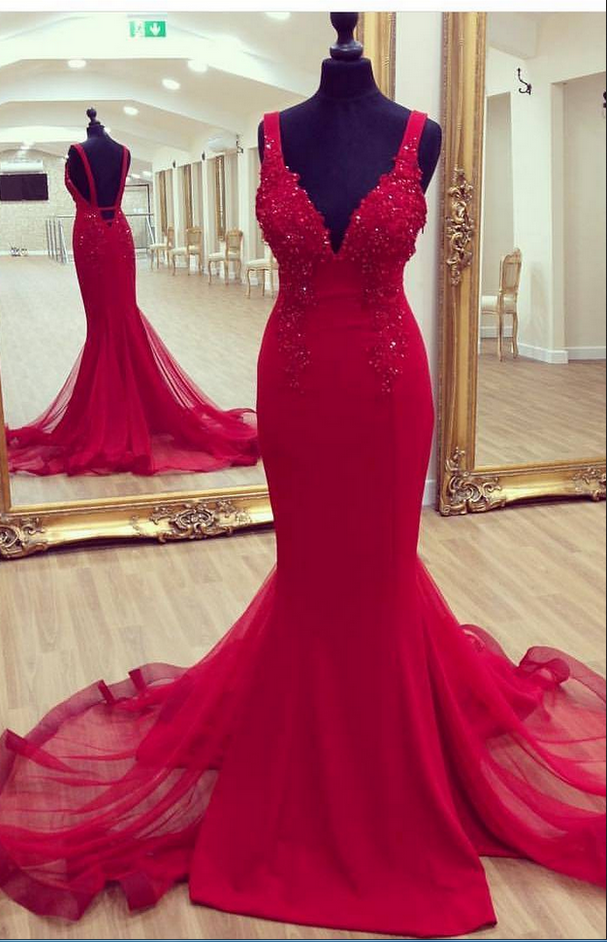 Fashion Red Tulle V-neck Mermaid Prom Dress Custom Made Spaghetti Strap Long Evening Party Gowns Plus Size Mermaid Party Gowns 2019
