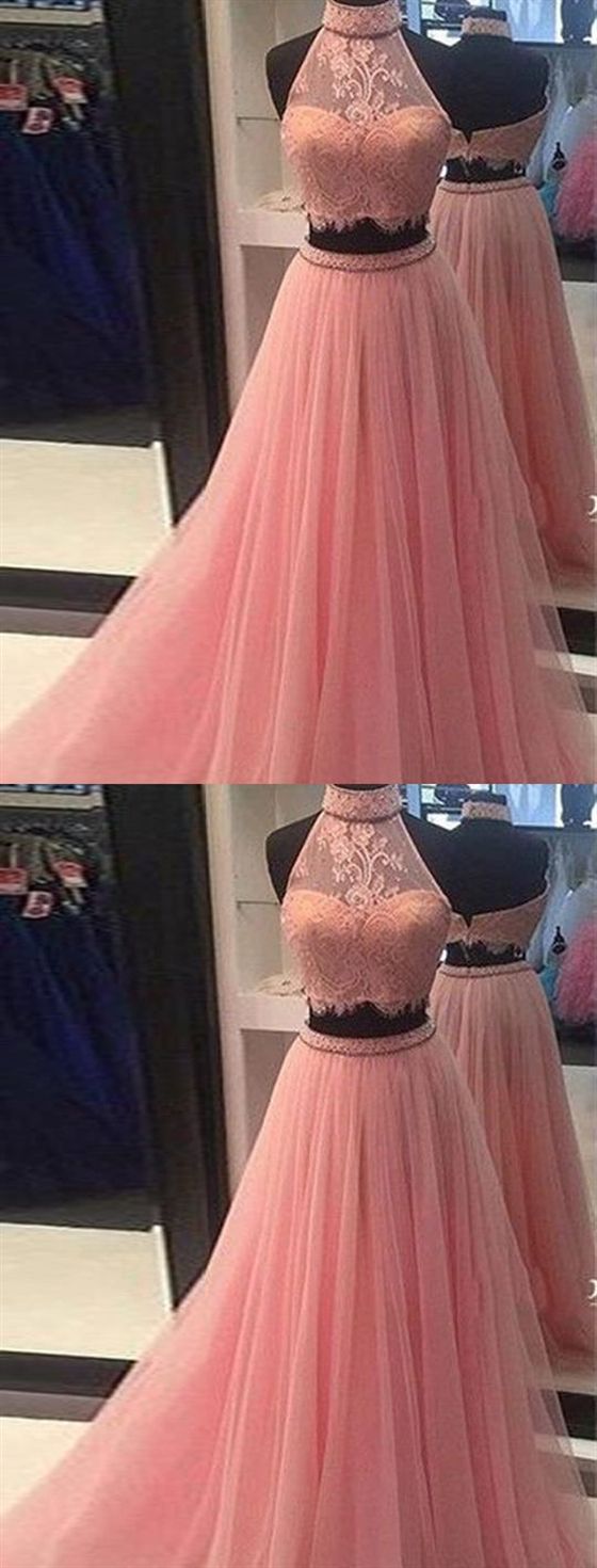 Pink Tulle Two Pieces Long Prom Dress High Neck A Line Prom Party Gowns Plus Size Bridesmaid Party Dress ,wedding Guest Gowns