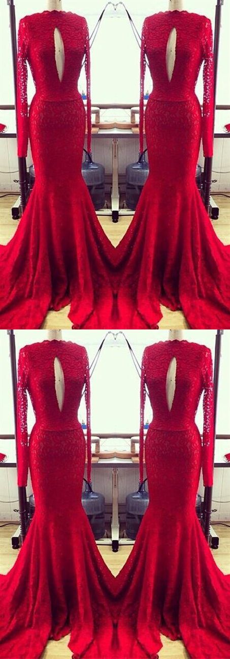 Red Long Sleeve Lace Prom Dress Mermaid 2019 Custom Made Long Prom Party Gowns Plus Size Evening Party Dress, Formal Sexy Prom Gowns