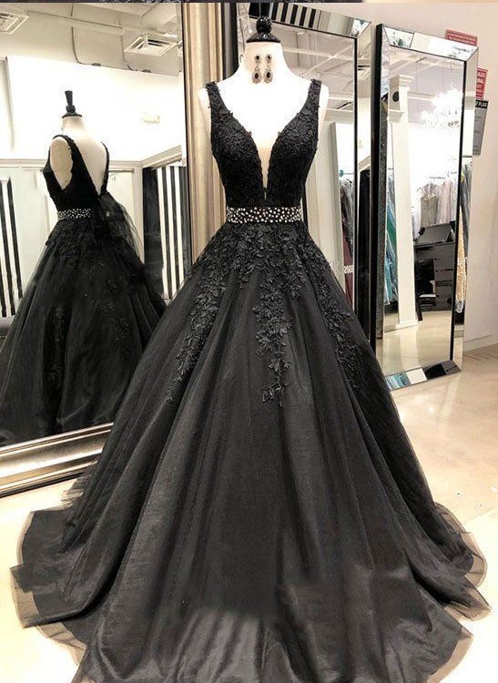 Black Lace Beaded Tulle Long Prom Dress, Custom Made V-neck Lace Prom Party Gowns ,formal Evening Dress Plus Size 2019