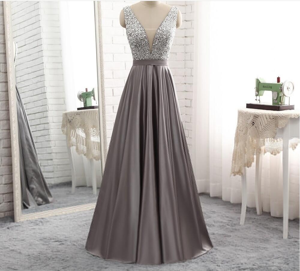 Luxury Beaded Crystal Gray Satin Long Prom Dress V-neck Strapless Women Prom Gowns ,plus Size A Line Evening Dress