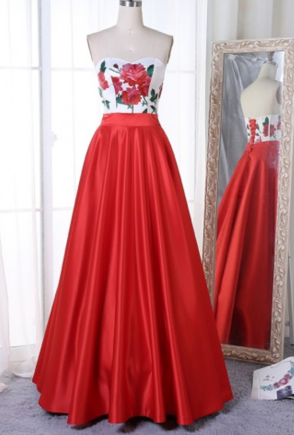 Custom Made Red Satin Floor Length Prom Dress Off Shoulder Floral Printed Corset Long Prom Gowns , Women Party Gowns 2019