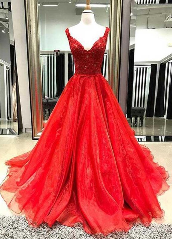 Red V-neck Lace Prom Dress Plus Size Women Party Gowns For Weddings 2019 , Formal Evening Dress Custom Made