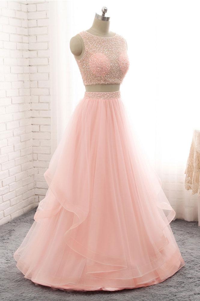 Luxury Beaded Two Pieces Tulle Long Prom Dress Long Custom Made Women Prom Party Gowns A Line Evening Gowns