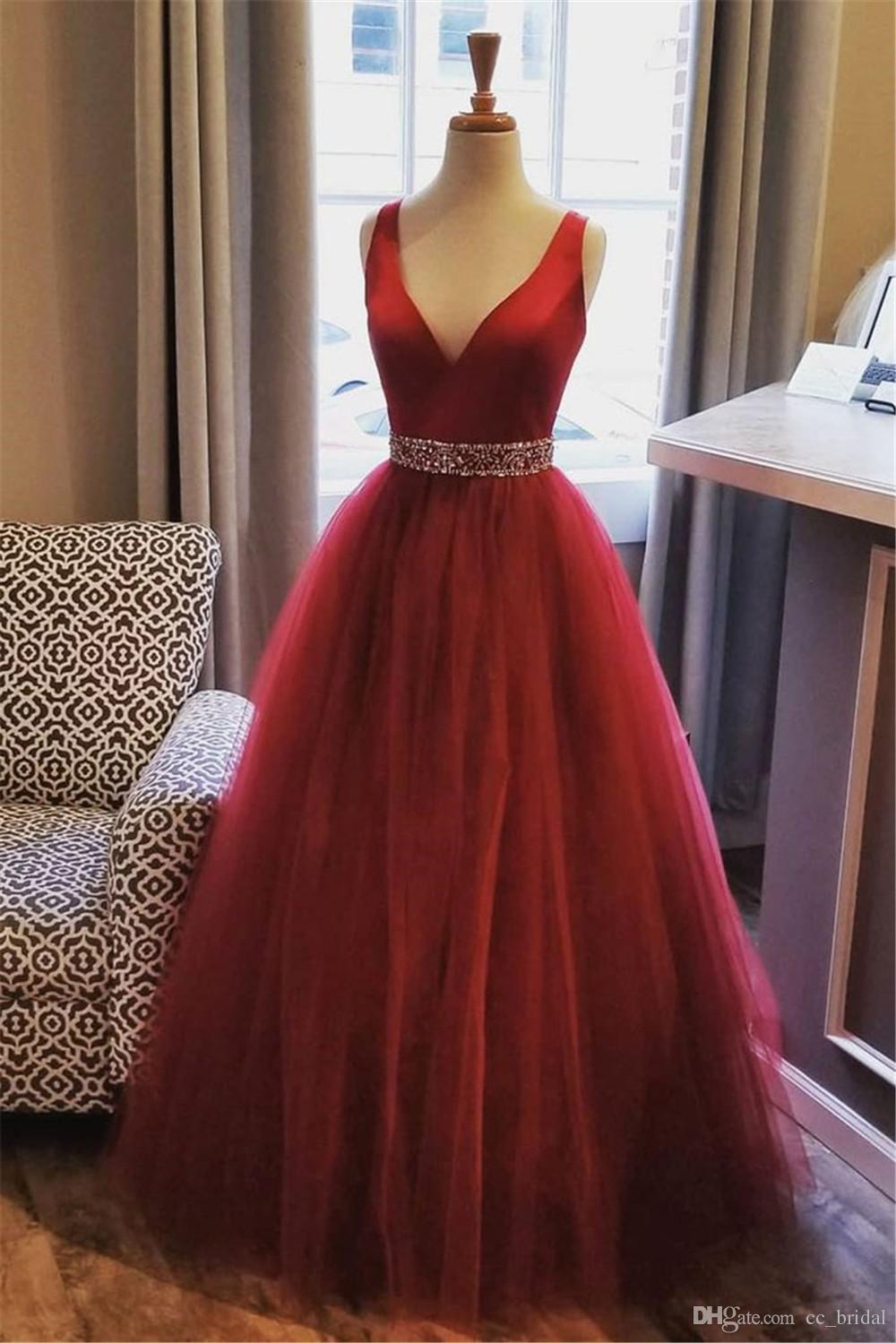 Sexy V-neck Red Tulle Long Prom Dress Beading Sequin A Line Women Evening Dress, Plus Size Prom Party Gowns,women Pageant Gowns