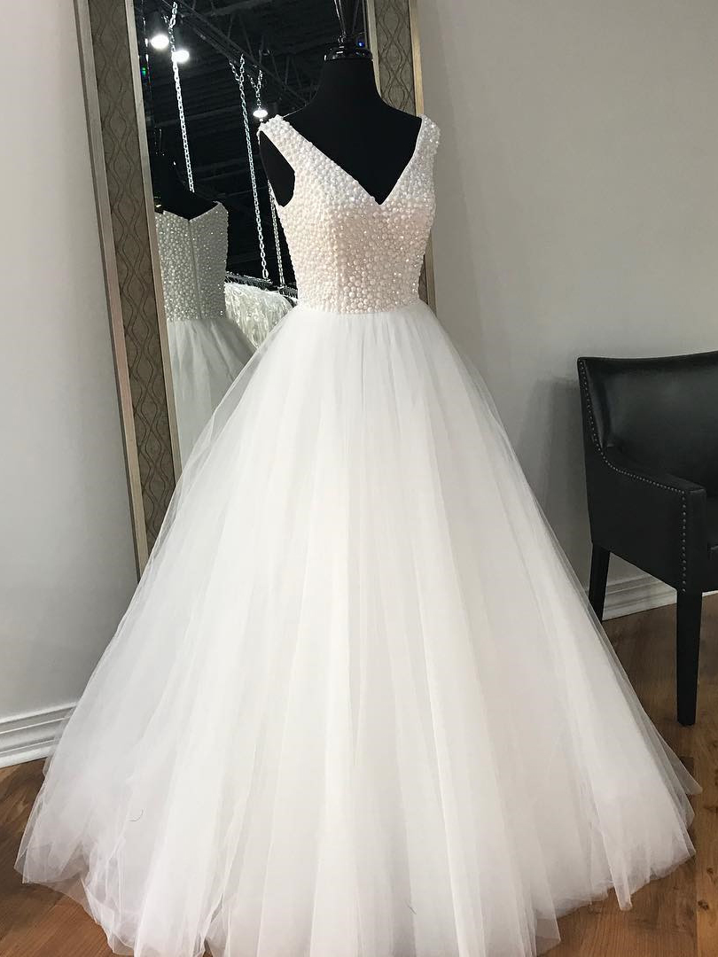 White Beaded Tulle Long Prom Dress, Sexy V-neck Prom Party Gowns ,plus Size Women Party Gowns ,long Pageant Dress For Women 2019