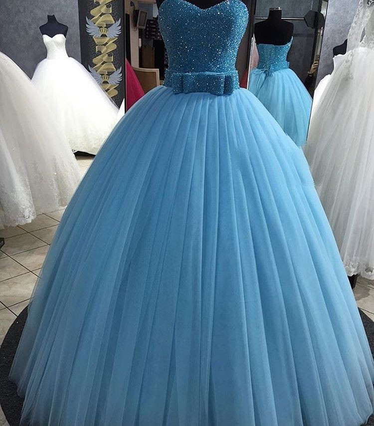 Sparkly Beaded Crystal Long Prom Dress, Blue Tulle Sweet Prom Gowns , Long Quinceanera Dress ,vestido De Festia Quinceanera Gowns For Women