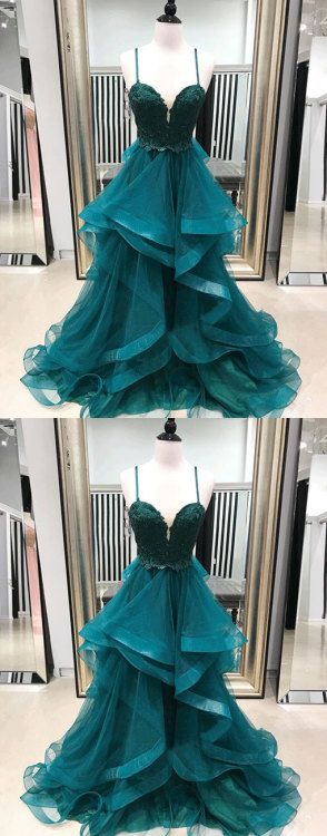 Sexy A Line Green Tulle Long Prom Dress Plus Size Spaghetti Straps Lace Prom Party Gowns , Formal Evening Dress Custom Made