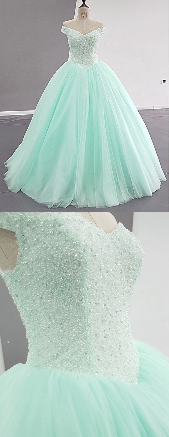 Shiny Beaded Mint Green Tulle Quinceanera Dress Sweet 16 Prom Dresses Custom Made Long Prom Gowns Ball Gown Party Dress For Weddings