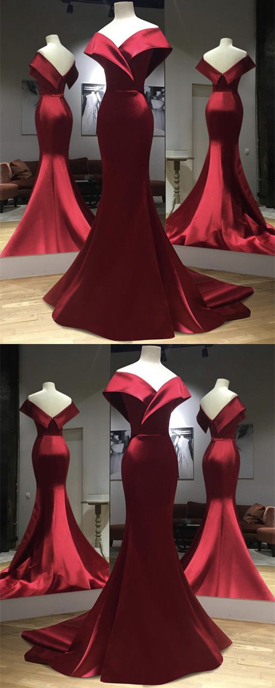Burgundy Satin Prom Dress Mermaid Off Shoulder Long Prom Gowns ,mermaid Evening Dress, Custom Made Women Prom Party Gowns