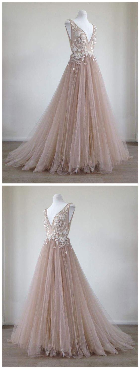 Sexy V-neck Tulle Prom Dress Custom Made Women Party Gowns , Lace Prom Gowns ,formal Evening Dress