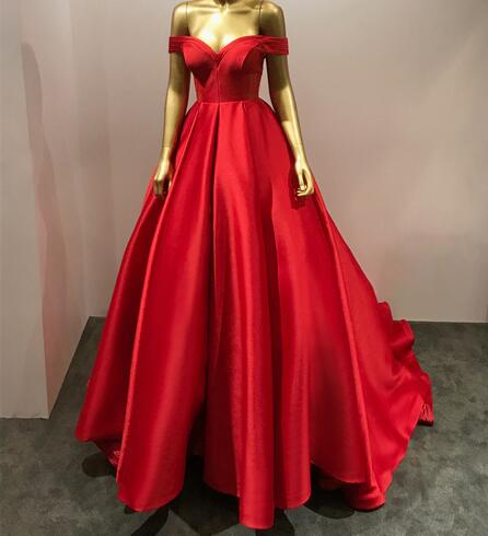 Red Satin Ball Gown Prom Dress 2019 Custom Made Long Prom Gowns ,sweet 16 Prom Gowns ,off Shoulder Women Party Gowns