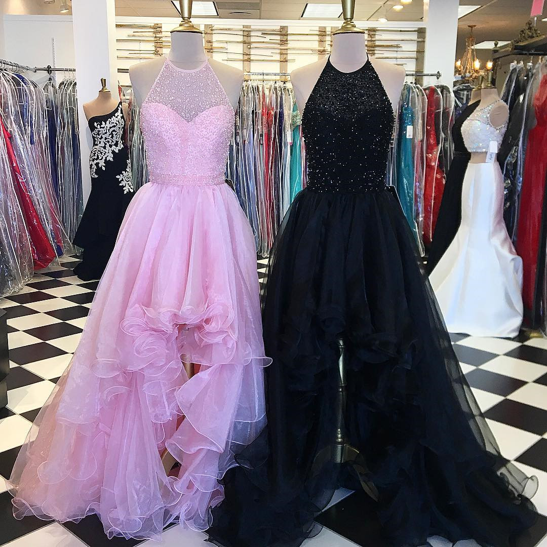 Luxury Pink Organza High Low Prom Dress With Beaded Crystal Halter Neck Long Prom Gowns Plus Size Women Party Gowns ,custom Made A Line Women